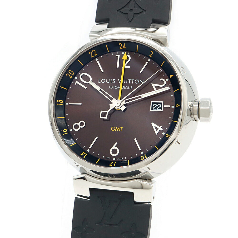 LOUIS VUITTON ルイヴィトン タンブール GMT Q1155 デイト 100m防水 ブラウン SS ステンレス 純正ベルト 純正尾錠 メンズ 自動巻き【6ヶ月保証】【腕時計】【中古】