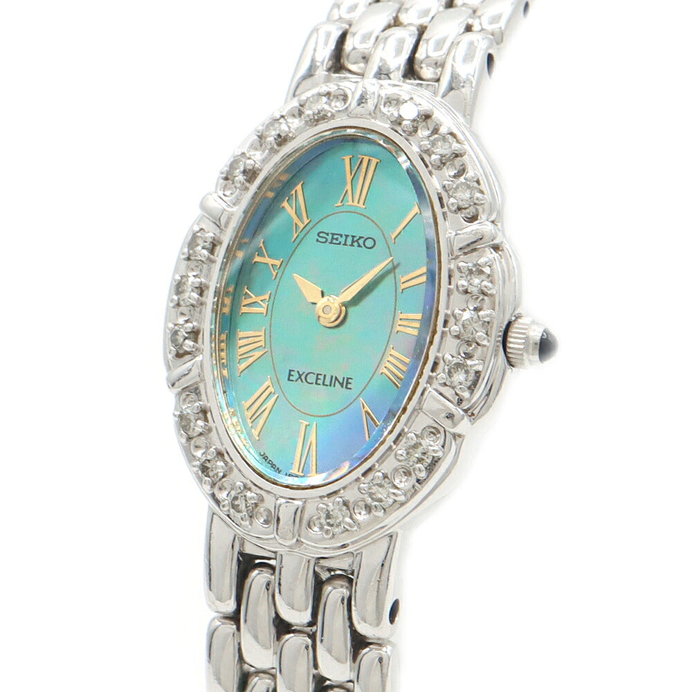 電池交換済 SEIKO セイコー エクセリーヌ ダイヤベゼル 1F20-6D80 ダイヤモンド 青 ブルーシェル SS ステンレス レディース クォーツ【6ヶ月保証】【腕時計】【中古】