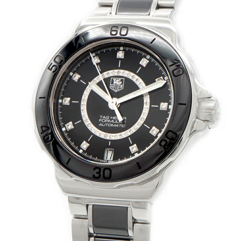 TAG Heuer タグホイヤー フォーミュラ1 レディ サークルダイヤ WAU2210 11Pダイヤ ダイヤモンド デイト 裏スケ 200m防水 黒 ブラック CE セラミック SS ステンレス レディース 自動巻き【6ヶ月保証】【腕時計】【中古】