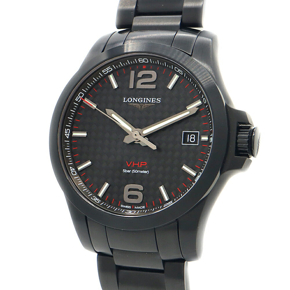 電池交換済 LONGINES ロンジン コンクエスト VHP L3.716.2 デイト 50m防水 パーペチュアルカレンダー 黒 ブラック SS ステンレス メンズ クォーツ【6ヶ月保証】【腕時計】【中古】