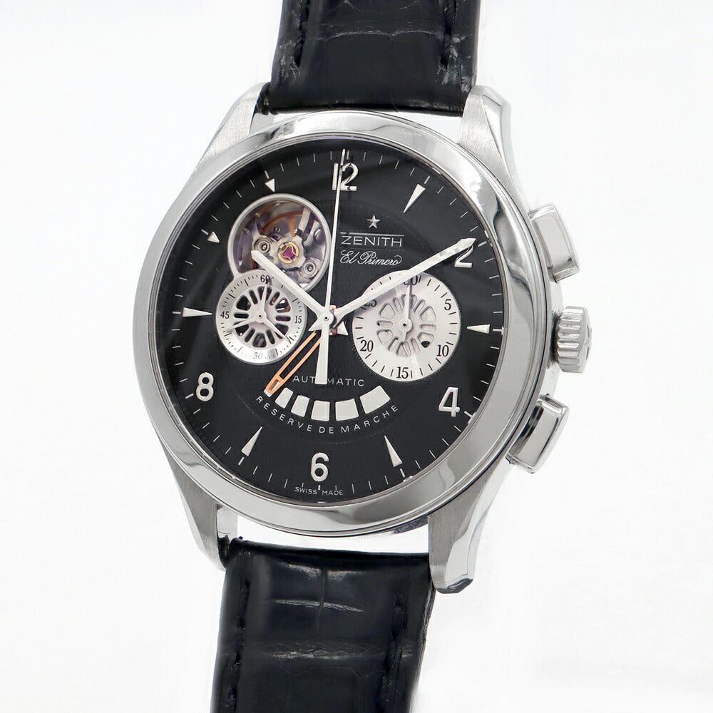 ZENITH ゼニス クラスオープン エルプリメロ 03.0510.4021 クロノグラフ パワーリザーブ 黒 ブラック SS ステンレス 純正ベルト 純正尾錠 メンズ 自動巻き【6ヶ月保証】【腕時計】【中古】