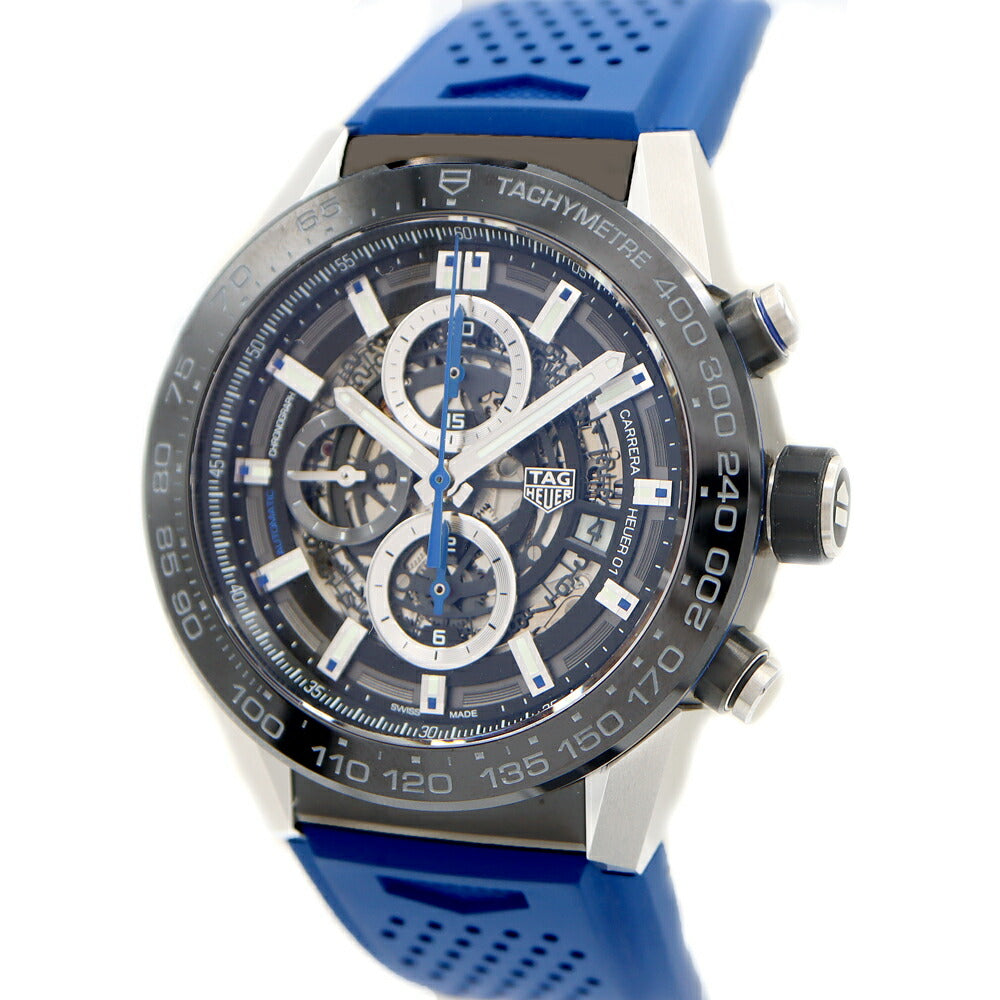 内部点検済 TAG Heuer タグホイヤー カレラ キャリバー ホイヤー01 クロノグラフ CAR2A1T FT6052 デイト 100m防水 黒 ブラック スケルトン SS ステンレス 純正ベルト 純正尾錠 メンズ 自動巻き【6ヶ月保証】【腕時計】【中古】
