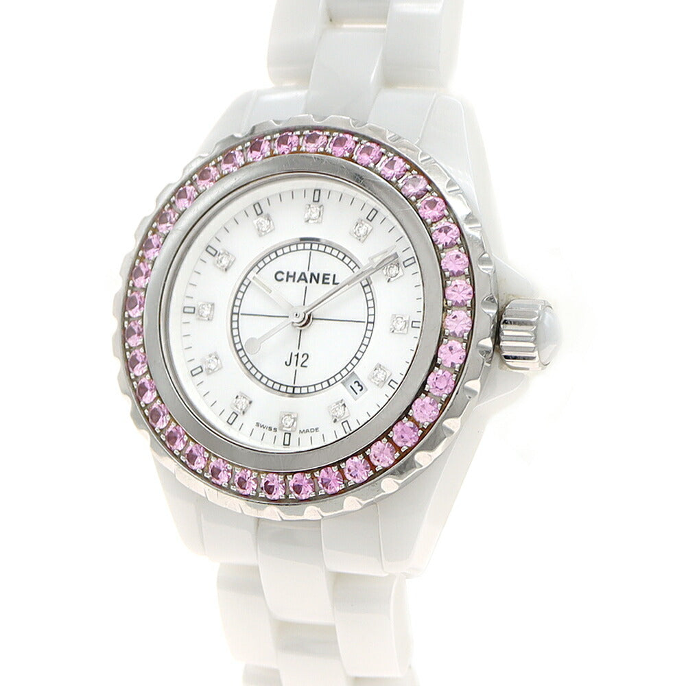 電池交換済 CHANEL シャネル J12 33mm 純正ピンクサファイヤベゼル H2010 ダイヤモンド 純正12Pダイヤ 200m防水 デイト 白 ホワイト CE セラミック SS ステンレス レディース クォーツ【6ヶ月保証】【腕時計】【中古】
