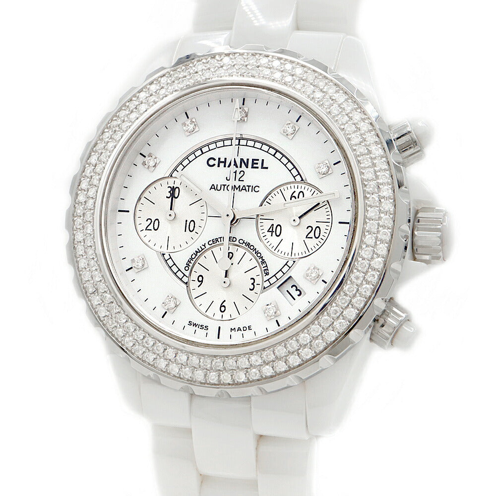 CHANEL シャネル J12 41mm クロノグラフ 2重ダイヤベゼル H2009 9Pダイヤ ダイヤモンド 200m防水 デイト 白 ホワイト CE セラミック SS ステンレス アフターダイヤ メンズ 自動巻き【6ヶ月保証】【腕時計】【中古】