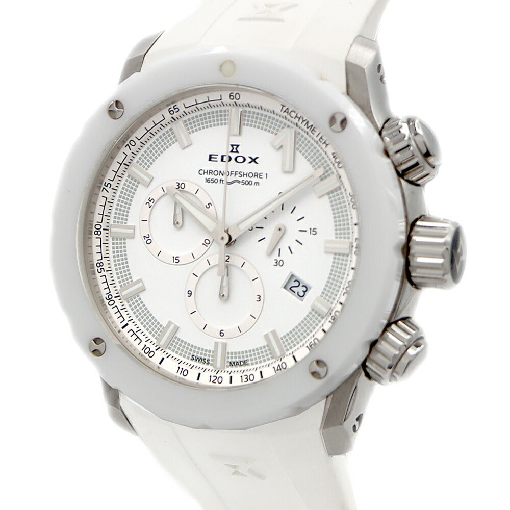 電池交換済 EDOX エドックス クロノオフショア1 クロノグラフ 10221 500m防水 デイト 白 ホワイト SS ステンレス CE セラミック 純正ベルト 純正尾錠 メンズ クォーツ【6ヶ月保証】【腕時計】【中古】