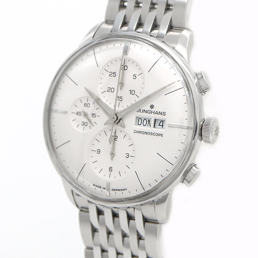 JUNGHANS ユンハンス クロノスコープ クロノグラフ 027/4121.44 30m防水 裏スケ 白 ホワイト SS ステンレス メンズ 自動巻き【6ヶ月保証】【腕時計】【中古】