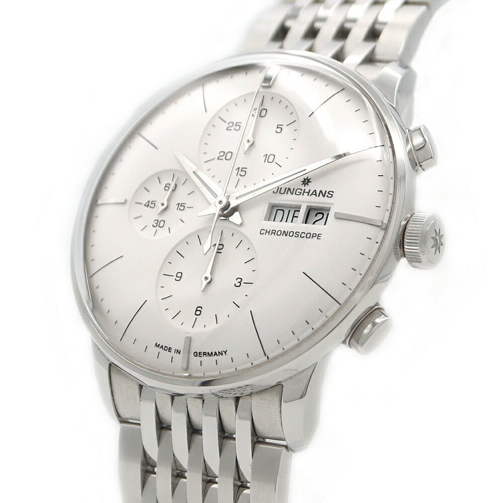 JUNGHANS ユンハンス クロノスコープ クロノグラフ 027/4121.44 30m防水 裏スケ 白 ホワイト SS ステンレス メンズ 自動巻き【6ヶ月保証】【腕時計】【中古】