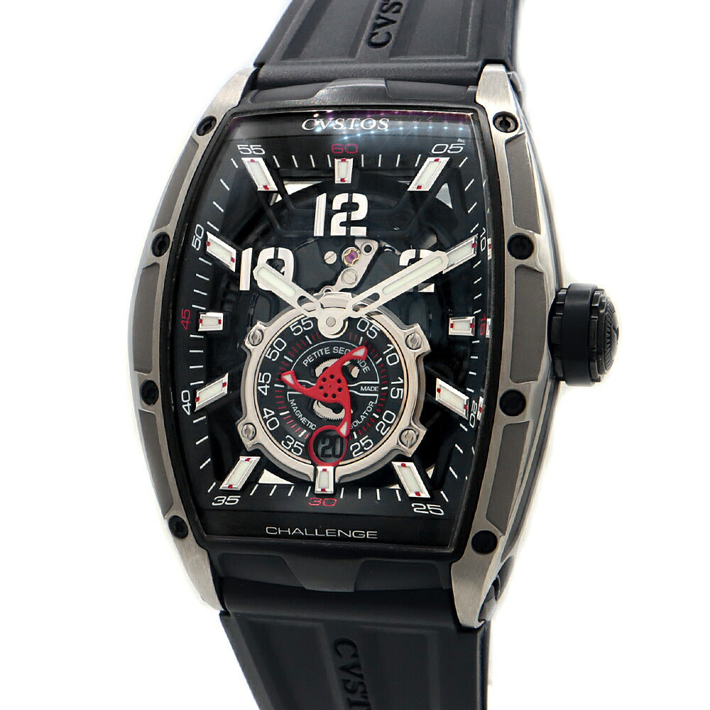 内部点検済 CVSTOS クストス チャレンジ ジェットライナーII プティセコンド CVT-JET2-PS デイト 100m防水 スケルトン 黒 ブラック Ti チタン 純正ベルト 純正尾錠 メンズ 自動巻き【6ヶ月保証】【腕時計】【中古】