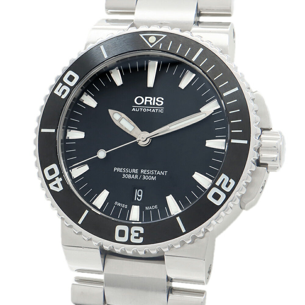 ORIS オリス アクイス デイト 7653 裏スケ 300m防水 黒 ブラック SS ステンレス CE セラミック メンズ 自動巻き【6ヶ月保証】【腕時計】【中古】