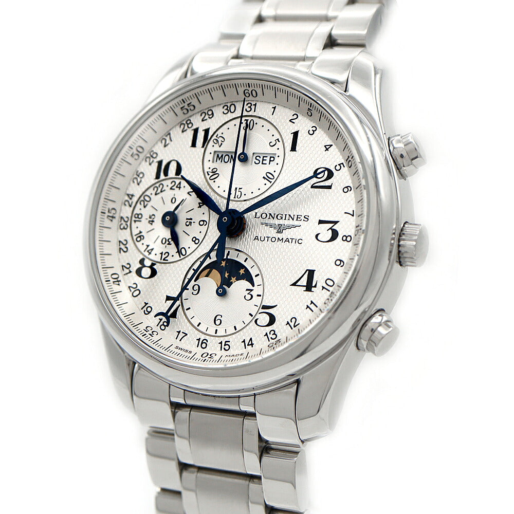 LONGINES ロンジン マスターコレクション クロノグラフ L2.673.4 ムーンフェイズ トリプルカレンダー 30m防水 裏スケ シルバー SS ステンレス メンズ 自動巻き【6ヶ月保証】【腕時計】【中古】