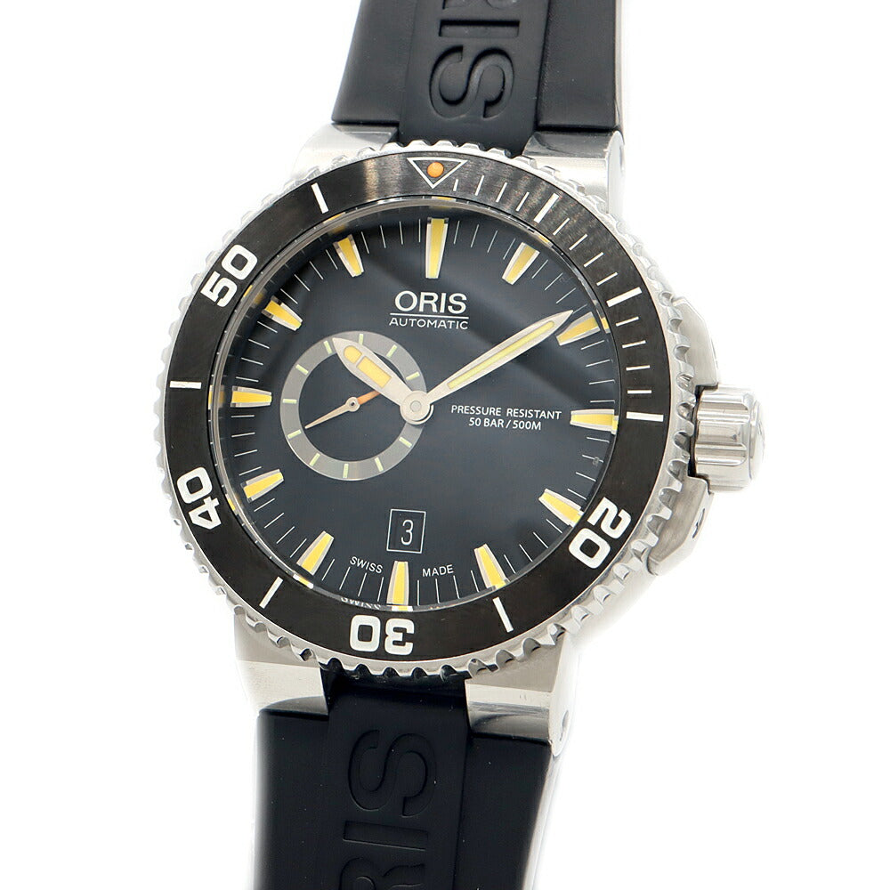 ORIS オリス アクイス 7673 スモールセコンド デイト 500m防水 黒 ブラック SS ステンレス CE セラミック 純正ベルト 純正尾錠 メンズ 自動巻き【6ヶ月保証】【腕時計】【中古】