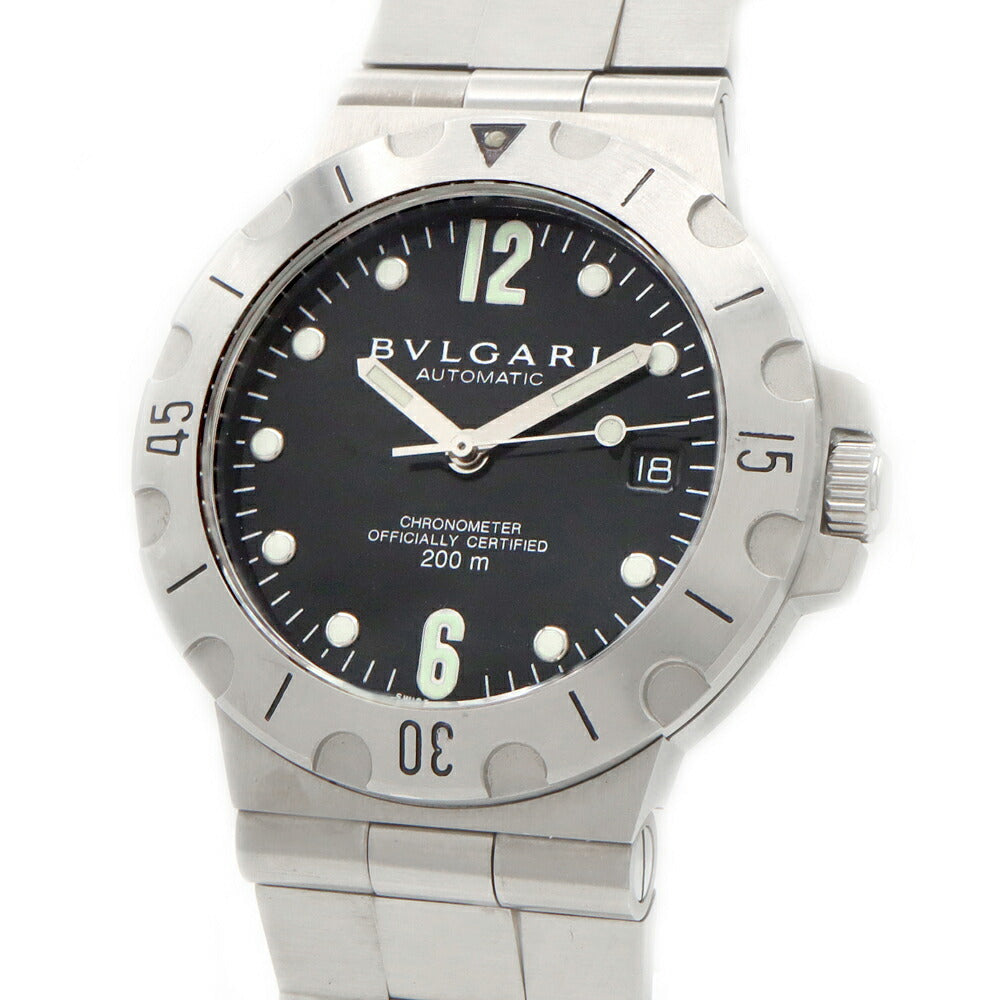 内部点検済 BVLGARI ブルガリ ディアゴノ スクーバ SD38S デイト 200m防水 黒 ブラック SS ステンレス メンズ 自動巻き【6ヶ月保証】【腕時計】【中古】