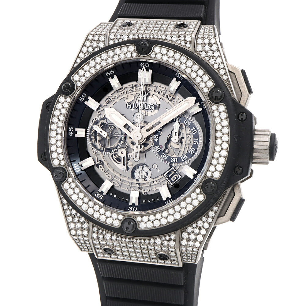 HUBLOT ウブロ キングパワー ウニコ チタニウム パヴェ 701.NX.0170.RX.1704 クロノグラフ 純正ダイヤモンド パヴェダイヤ デイト 黒 ブラック グレー スケルトン Ti チタン 純正ベルト 純正尾錠 メンズ 自動巻き【6ヶ月保証】【腕時計】【中古】