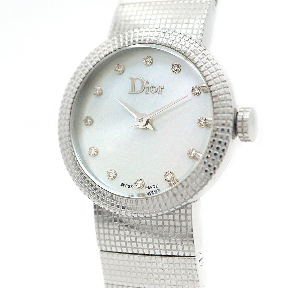 電池交換済 Christian Dior クリスチャンディオール ラ ベイビーディ CD041110 12Pダイヤ ダイヤモンド 白 ホワイトシェル SS ステンレス レディース クォーツ【6ヶ月保証】【腕時計】【中古】