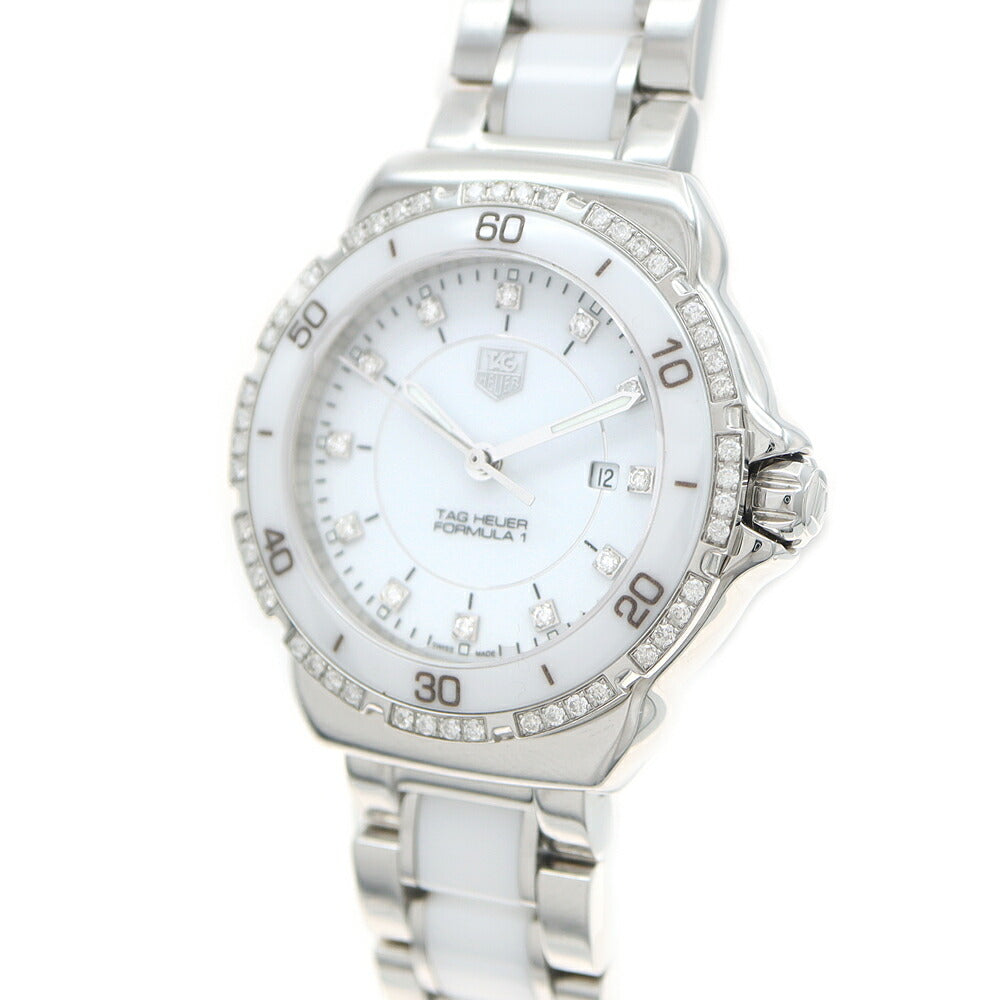 電池交換済 TAG Heuer タグホイヤー フォーミュラ1 ダイヤベゼル WAH1313 ダイヤモンド 12Pダイヤ デイト 200m防水 白 ホワイト CE セラミック SS ステンレス レディース クォーツ【6ヶ月保証】【腕時計】【中古】
