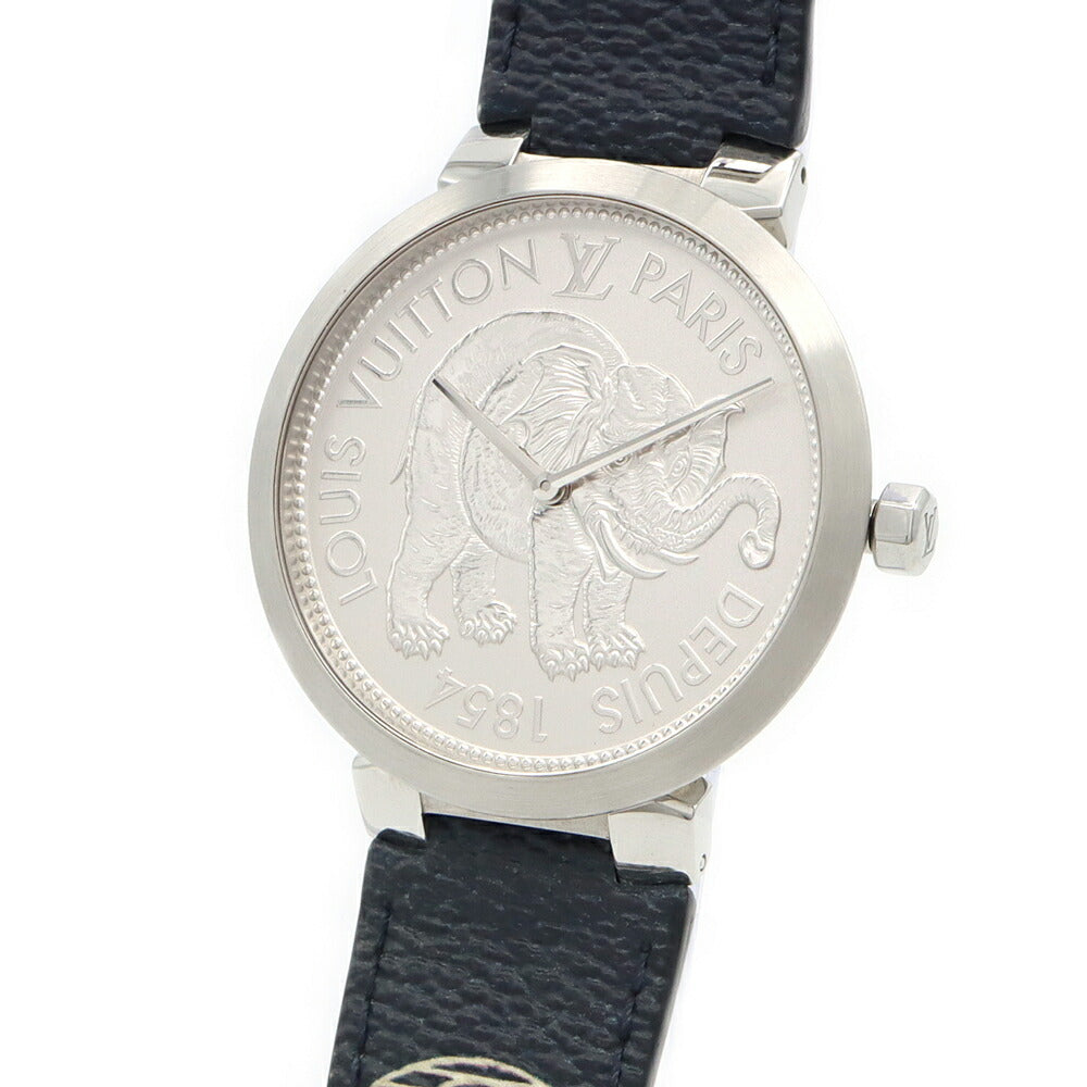 電池交換済 LOUIS VUITTON ルイヴィトン タンブール スリム サバンナ チャップマンブラザーズ Q2D070 50m防水 シルバー SS ステンレス 純正ベルト 純正尾錠 メンズ クォーツ【6ヶ月保証】【腕時計】【中古】