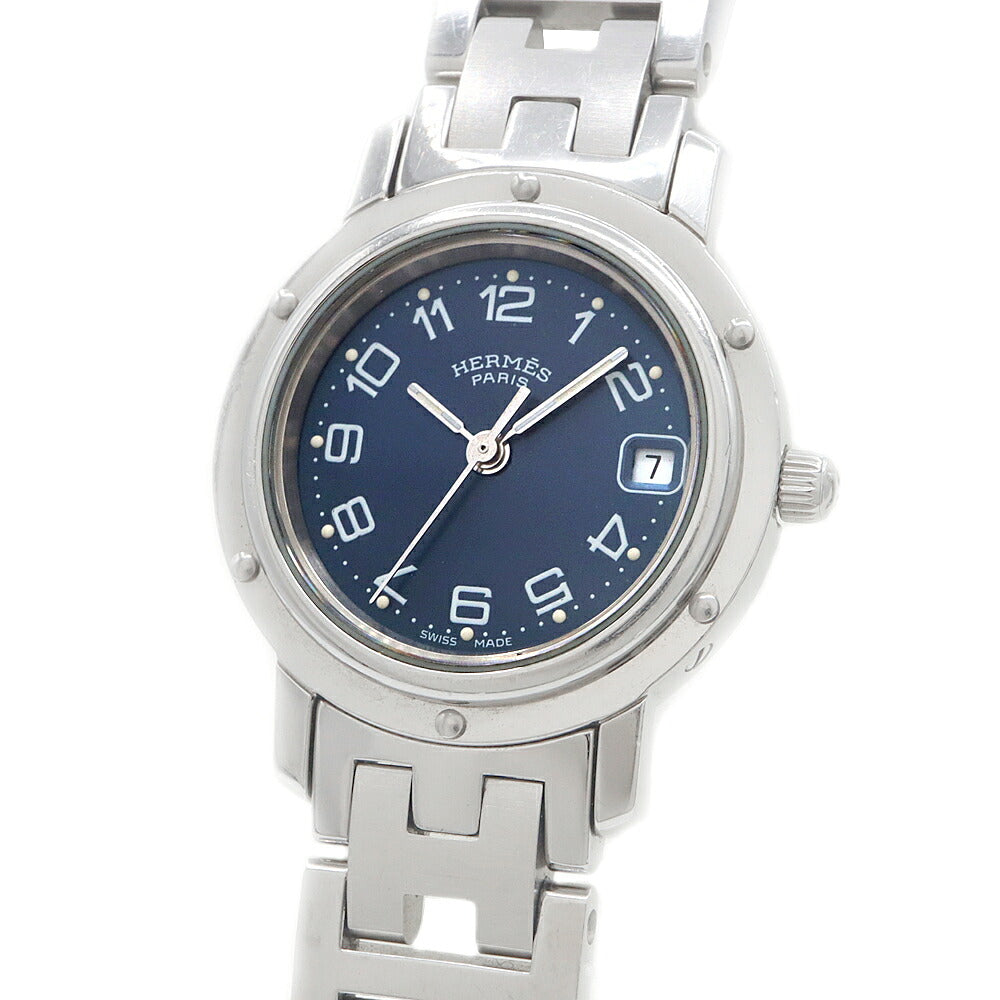 電池交換済 HERMES エルメス クリッパー CL4.210 デイト 青 ブルー SS ステンレス レディース クォーツ【6ヶ月保証】【腕時計】【中古】