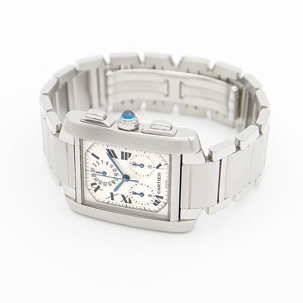 電池交換済 Cartier カルティエ タンクフランセーズ LM クロノリフレックス W51001Q3 クロノグラフ パーペチュアルカレンダー 白 ホワイト アイボリー SS ステンレス メンズ クォーツ【6ヶ月保証】【腕時計】【中古】