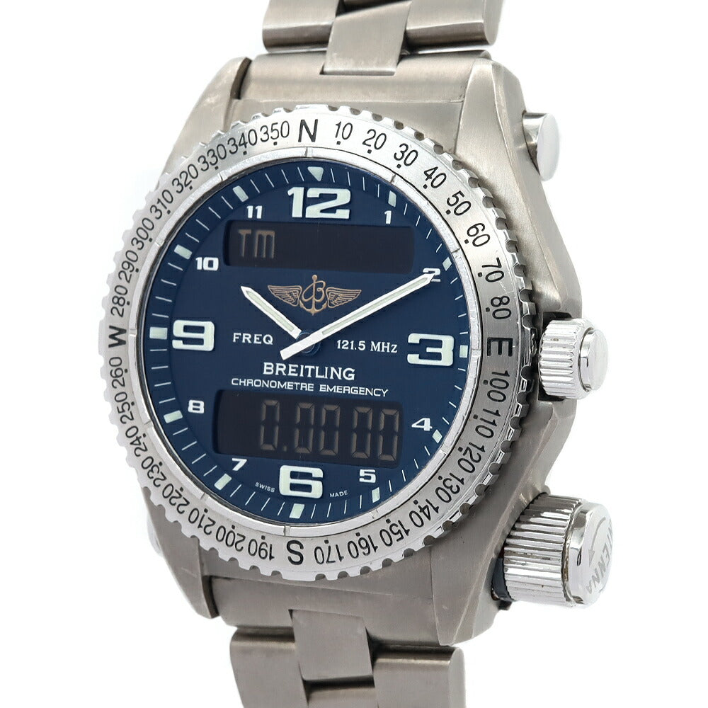 電池交換済 BREITLING ブライトリング エマージェンシー クロノグラフ E7632110 30m防水 デイデイト 青 ブルー Ti チタン メンズ デジタル アナログ デジアナ クォーツ【6ヶ月保証】【腕時計】【中古】