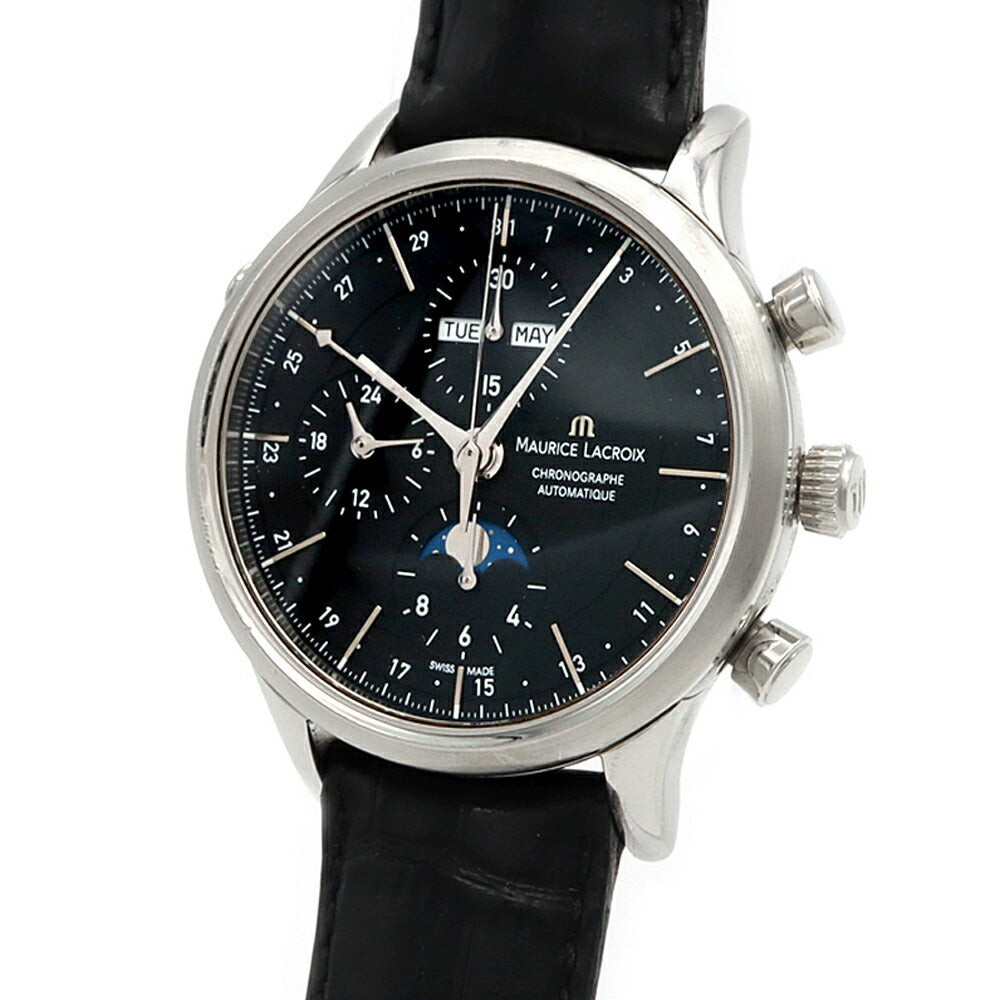 内部点検済 MAURICE LACROIX モーリスラクロア レ クラシック クロノグラフ ムーンフェイズ LC6078 トリプルカレンダー 黒 ブラック SS ステンレス 純正ベルト 純正尾錠 メンズ 自動巻き 【6ヶ月保証】【腕時計】【中古】