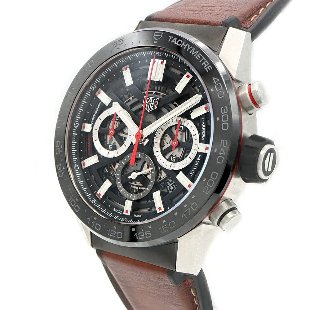 TAG Heuer タグホイヤー カレラ キャリバー ホイヤー02 クロノグラフ CBG2A10 デイト 100m防水 裏スケ 黒 ブラック スケルトン SS ステンレス CE セラミック 純正尾錠 メンズ 自動巻き【6ヶ月保証】【腕時計】【中古】