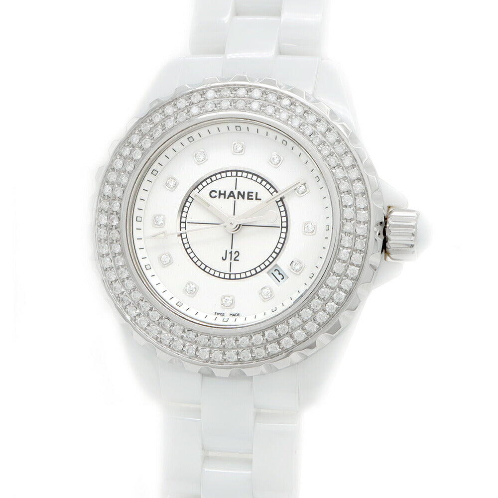 電池交換済 CHANEL シャネル J12 33mm ダイヤベゼル H1628 ダイヤモンド 12Pダイヤ デイト 200m防水 白 ホワイト SS ステンレス CE セラミック アフターダイヤ レディース クォーツ【6ヶ月保証】【腕時計】【中古】