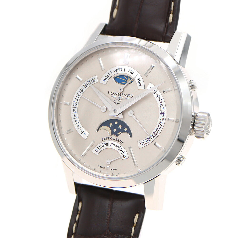内部点検済 LONGINES ロンジン 1832 4レトログラード L4.828.4 ムーンフェイズ デイデイト ナイトアンドデイ 裏スケ シルバー SS ステンレス 純正ベルト 純正尾錠 メンズ 自動巻き【6ヶ月保証】【腕時計】【中古】