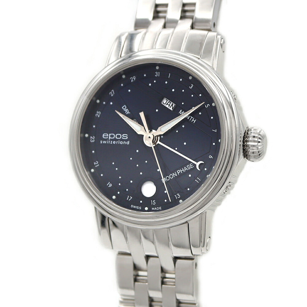 内部点検済 EPOS エポス エモーション ナイトスカイ 4391NSBL.M ムーンフェイズ トリプルカレンダー 裏スケ 50m防水 青 ブルー SS ステンレス レディース 自動巻き【6ヶ月保証】【腕時計】【中古】