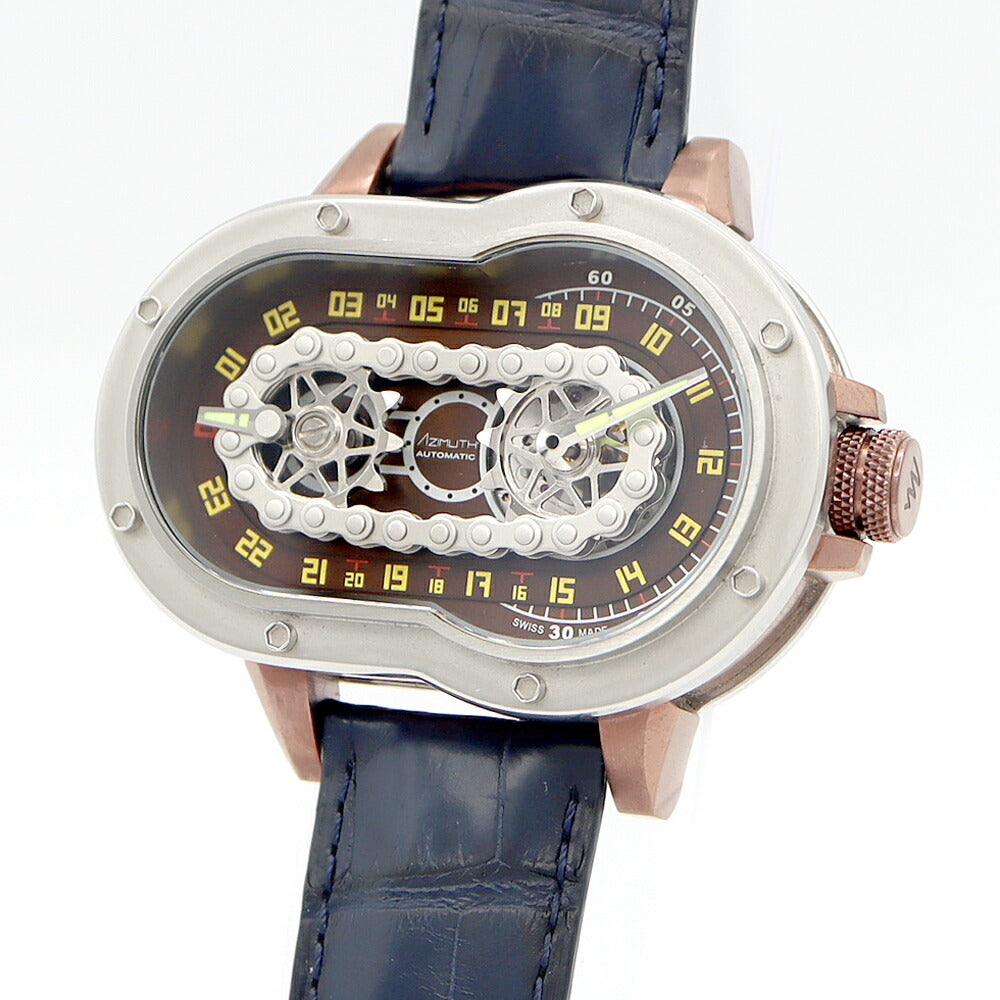 内部点検済 AZIMUTH アジムート クレイジーライダー モーターサイクル 裏スケ パワーリザーブ スケルトン 茶 ブラウン SS ステンレス 純正尾錠 メンズ 自動巻き アジムース【6ヶ月保証】【腕時計】【中古】