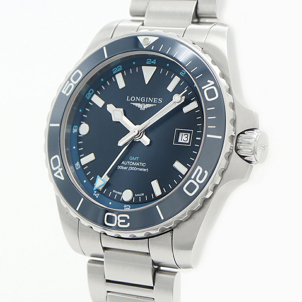 LONGINES ロンジン ハイドロコンクエスト GMT L3.890.4 デイト 300m防水 青 ブルー SS ステンレス CE セラミック メンズ 自動巻き【6ヶ月保証】【腕時計】【中古】