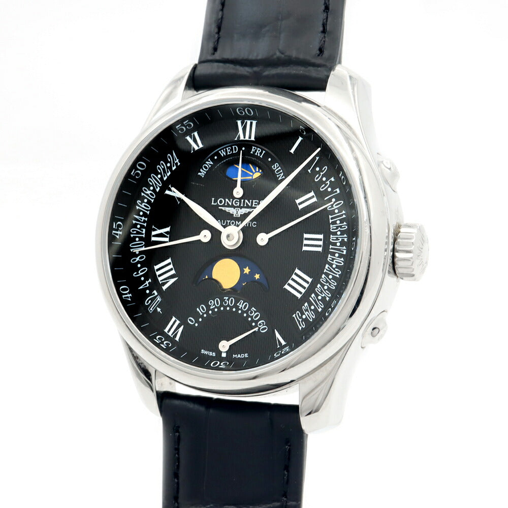 内部点検済 LONGINES ロンジン マスターコレクション L2.738.4.51.7 ムーンフェイズ レトログラード デイデイト 裏スケ 30m防水 黒 ブラック SS ステンレス 純正尾錠 メンズ 自動巻き【6ヶ月保証】【腕時計】【中古】