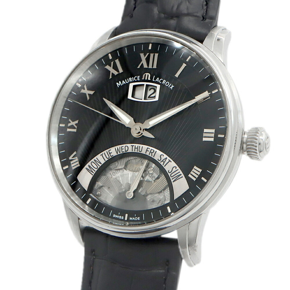 内部点検済 MAURICE LACROIX モーリスラクロア マスターピース ジュール レトログラード MP6358 デイデイト 裏スケ 黒 ブラック SS ステンレス 純正尾錠 メンズ 自動巻き 【6ヶ月保証】【腕時計】【中古】