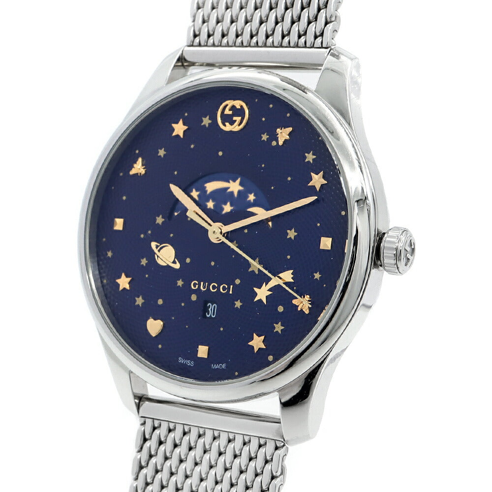 電池交換済 GUCCI グッチ Gタイムレス 126.3 50m防水 デイト ムーンフェイズ 青 ブルー ギョーシェ SS ステンレス メンズ クォーツ【6ヶ月保証】【腕時計】【中古】