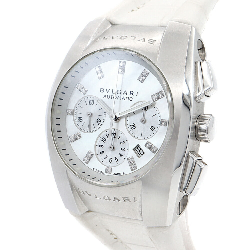 BVLGARI ブルガリ エルゴン クロノグラフ EG35SCH 21Pダイヤ ダイヤモンド デイト 白 ホワイトシェル SS ステンレス 純正ベルト 純正尾錠 メンズ レディース ボーイズ 自動巻き【6ヶ月保証】【腕時計】【中古】