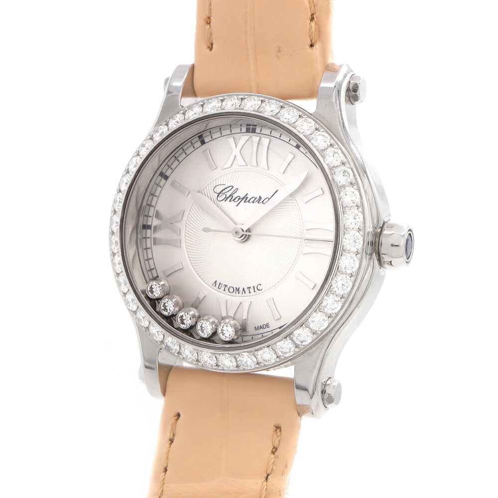 Chopard ショパール ハッピースポーツ ダイヤベゼル 278573-3003 純正ダイヤモンド 5Pムービングダイヤ 裏スケ シルバー ギョーシェ 純正ベルト 純正尾錠 SS ステンレス レディース 自動巻き【6ヶ月保証】【腕時計】【中古】