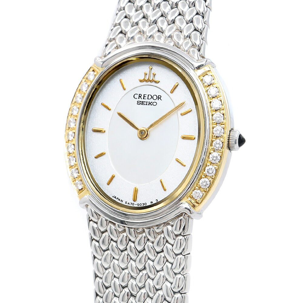 電池交換済 SEIKO セイコー クレドール ダイヤベゼル 5A70-3000 ダイヤモンド 白 ホワイトシェル K18YG イエローゴールド SS ステンレス コンビ レディース クォーツ【6ヶ月保証】【腕時計】【中古】