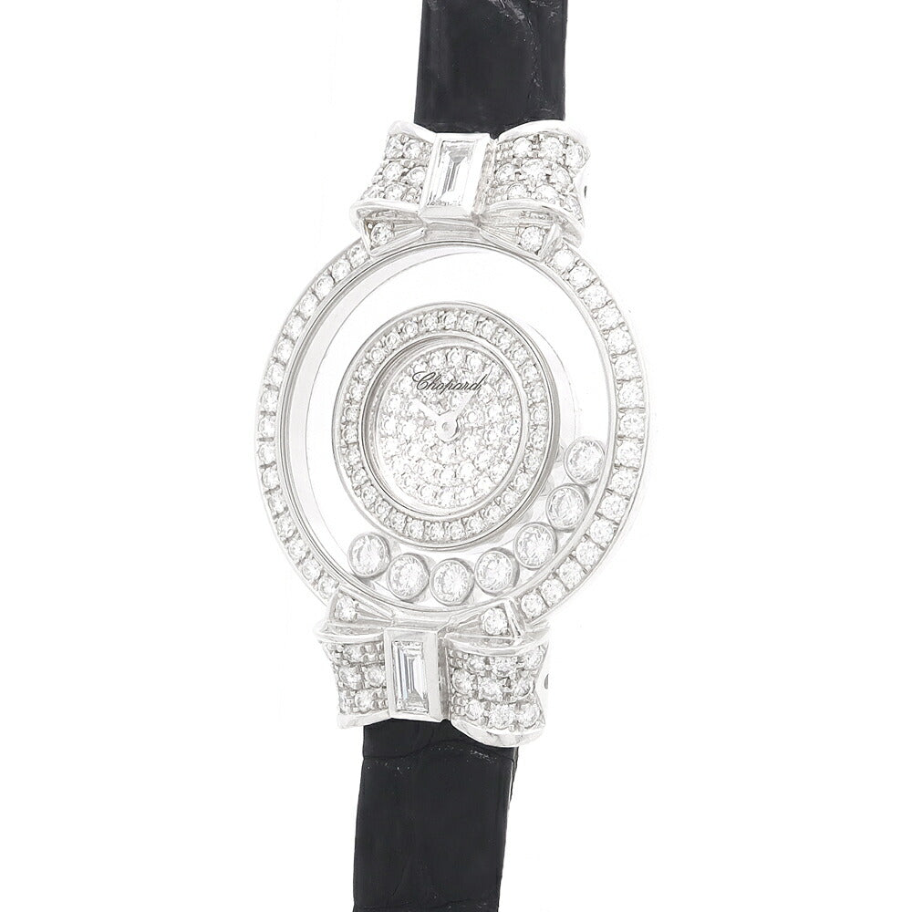 電池交換済 Chopard ショパール ハッピーダイヤモンド リボン 4097 ダイヤモンド 7Pムービングダイヤ パヴェダイヤ K18WG ホワイトゴールド 純正ベルト 純正尾錠 レディース クォーツ【6ヶ月保証】【腕時計】【中古】