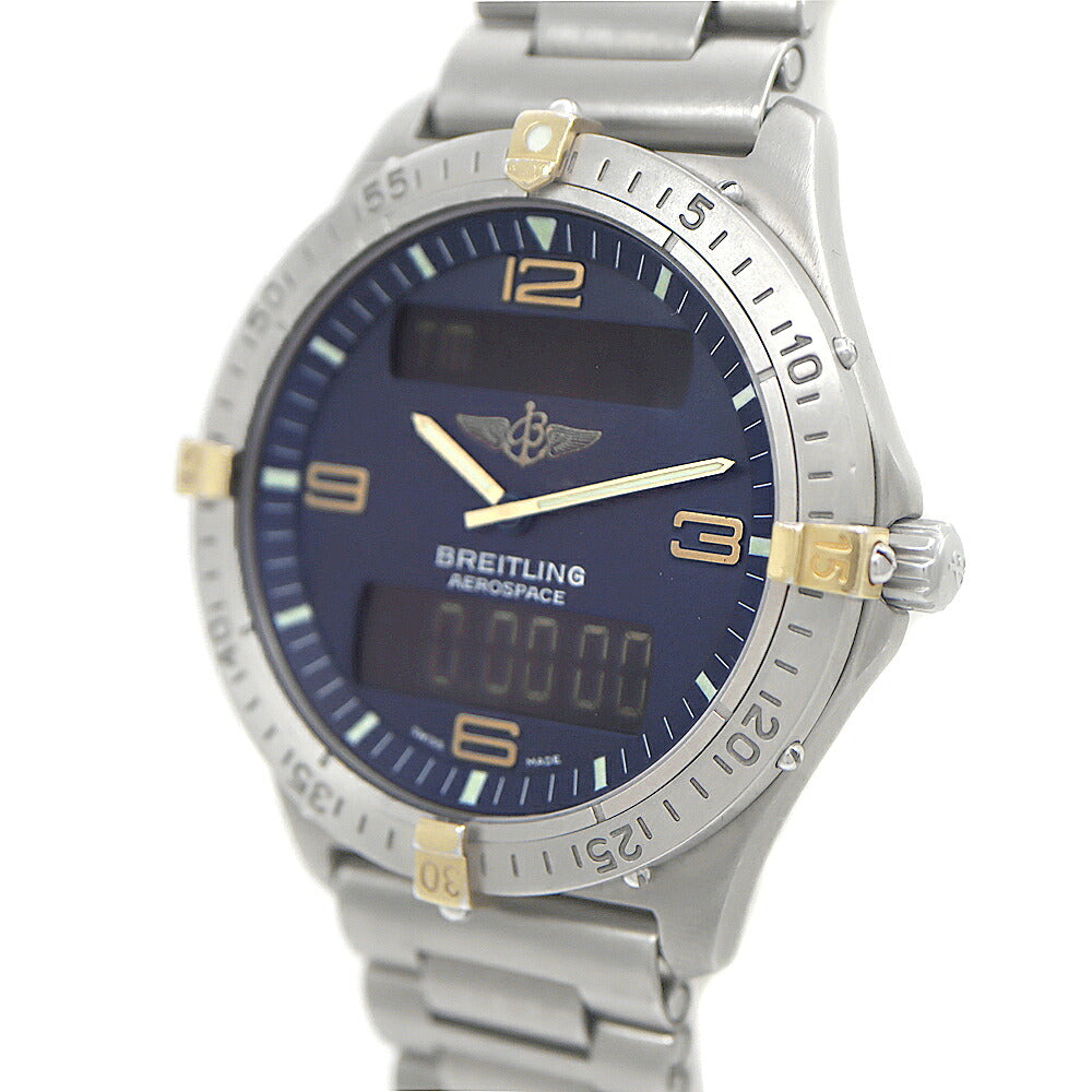 電池交換済 BREITLING ブライトリング エアロスペース F56062 デイト 100m防水 青 ブルー Ti チタン YGP イエローゴールド コンビ メンズ デジタル アナログ デジアナ クォーツ【6ヶ月保証】【腕時計】【中古】