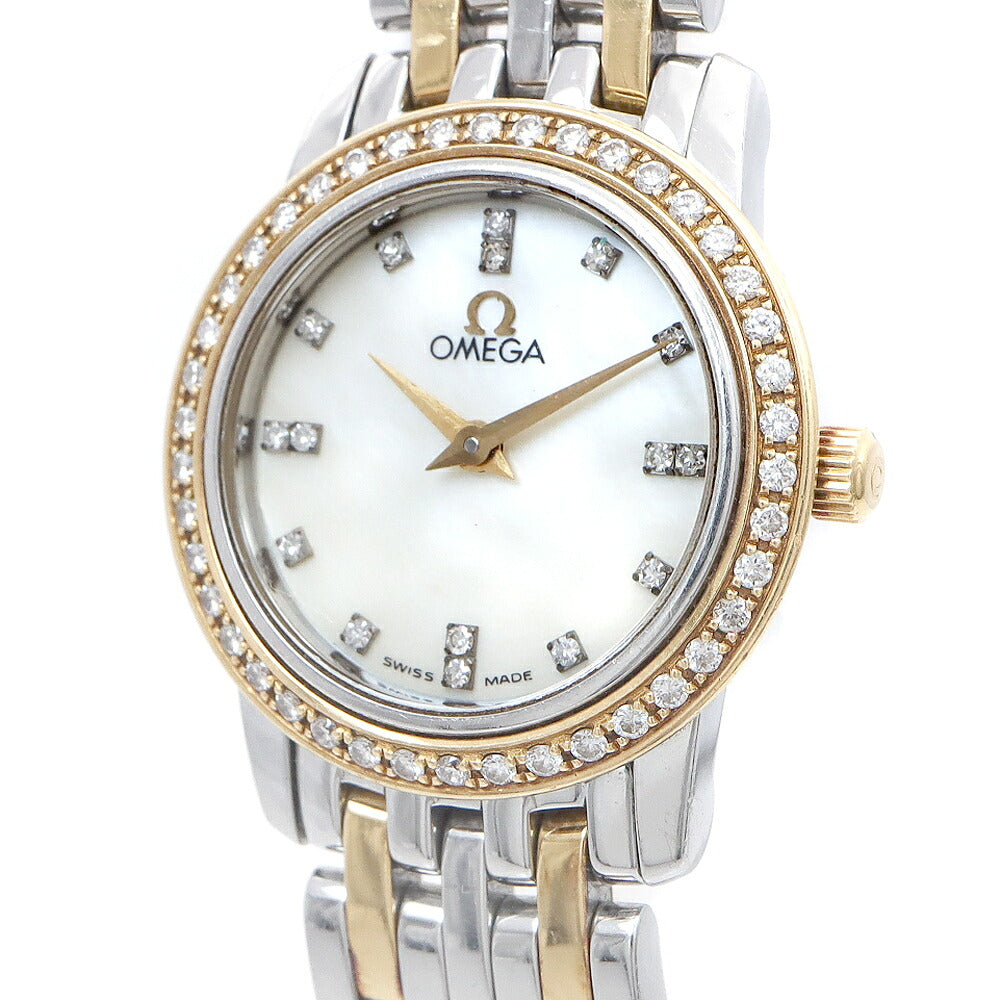 電池交換済 OMEGA オメガ DeVille デビル プレステージ ダイヤベゼル 4375.95 ダイヤモンド 16Pダイヤ 白 ホワイトシェル YG イエローゴールド SS ステンレス コンビ レディース クォーツ デヴィル【6ヶ月保証】【腕時計】【中古】