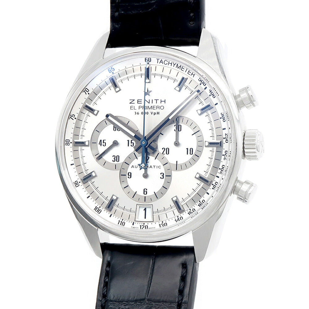 ZENITH ゼニス エルプリメロ 36000VPH 03.2040.400 クロノグラフ デイト 100m防水 裏スケ シルバー SS ステンレス 純正ベルト 純正尾錠 メンズ 自動巻き【6ヶ月保証】【腕時計】【中古】