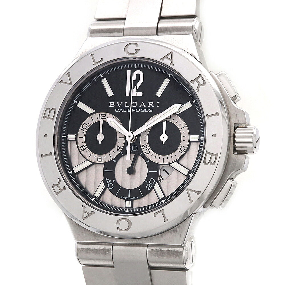 BVLGARI ブルガリ ディアゴノ カリブロ 303 クロノグラフ DG42SCH デイト 裏スケ スモールセコンド 黒 ブラック シルバー SS ステンレス メンズ 自動巻き【6ヶ月保証】【腕時計】【中古】