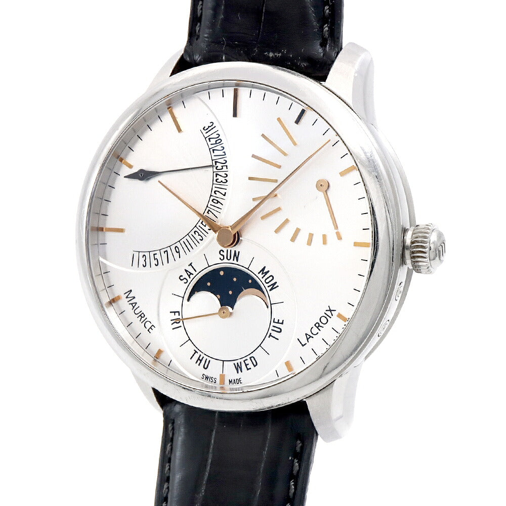 内部点検済 MAURICE LACROIX モーリスラクロア マスターピース カレンドリエ レトログラード MP6528 SS001 130 デイデイト ムーンフェイズ パワーリザーブ 裏スケ 50m防水 シルバー SS ステンレス 純正尾錠 メンズ 自動巻き 【6ヶ月保証】【腕時計】【中古】