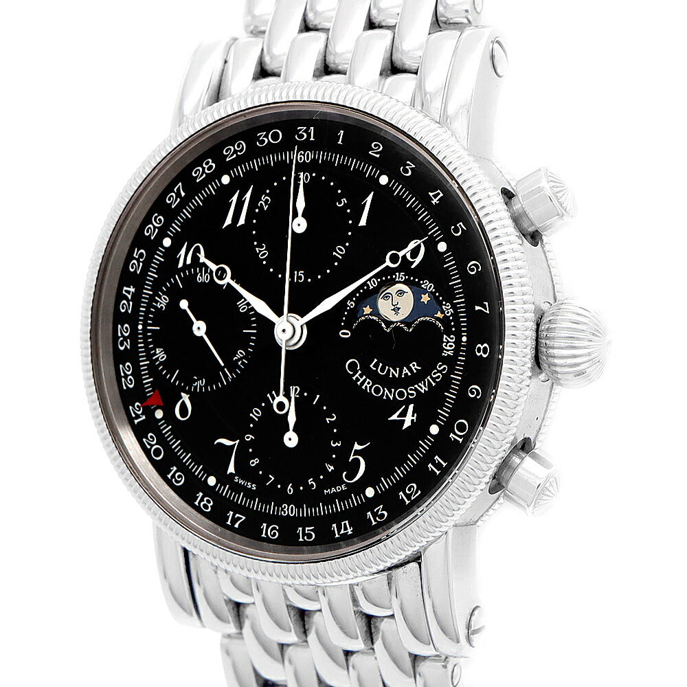 CHRONOSWISS クロノスイス ルナ CH7523 クロノグラフ ムーンフェイズ デイト スモールセコンド 裏スケ 黒 ブラック ギョーシェ SS ステンレス メンズ 自動巻き【6ヶ月保証】【腕時計】【中古】