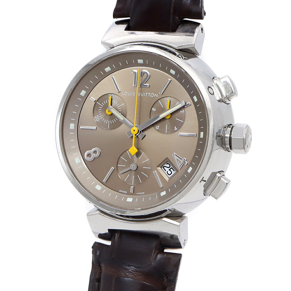 電池交換済 LOUIS VUITTON ルイヴィトン タンブール クロノグラフ Q1322 Q13220 デイト 100m防水 スモールセコンド 茶 ブラウン SS ステンレス 純正ベルト 純正尾錠 レディース ボーイズ クォーツ【6ヶ月保証】【腕時計】【中古】