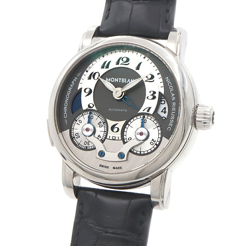 MONTBLANC モンブラン ニコラ リューセック モノプッシャー クロノグラフ 7138 102337 デイト 30m防水 デイ/ナイト表示 裏スケ GMT グレー SS ステンレス 純正ベルト 純正尾錠 メンズ 自動巻き【6ヶ月保証】【腕時計】【中古】