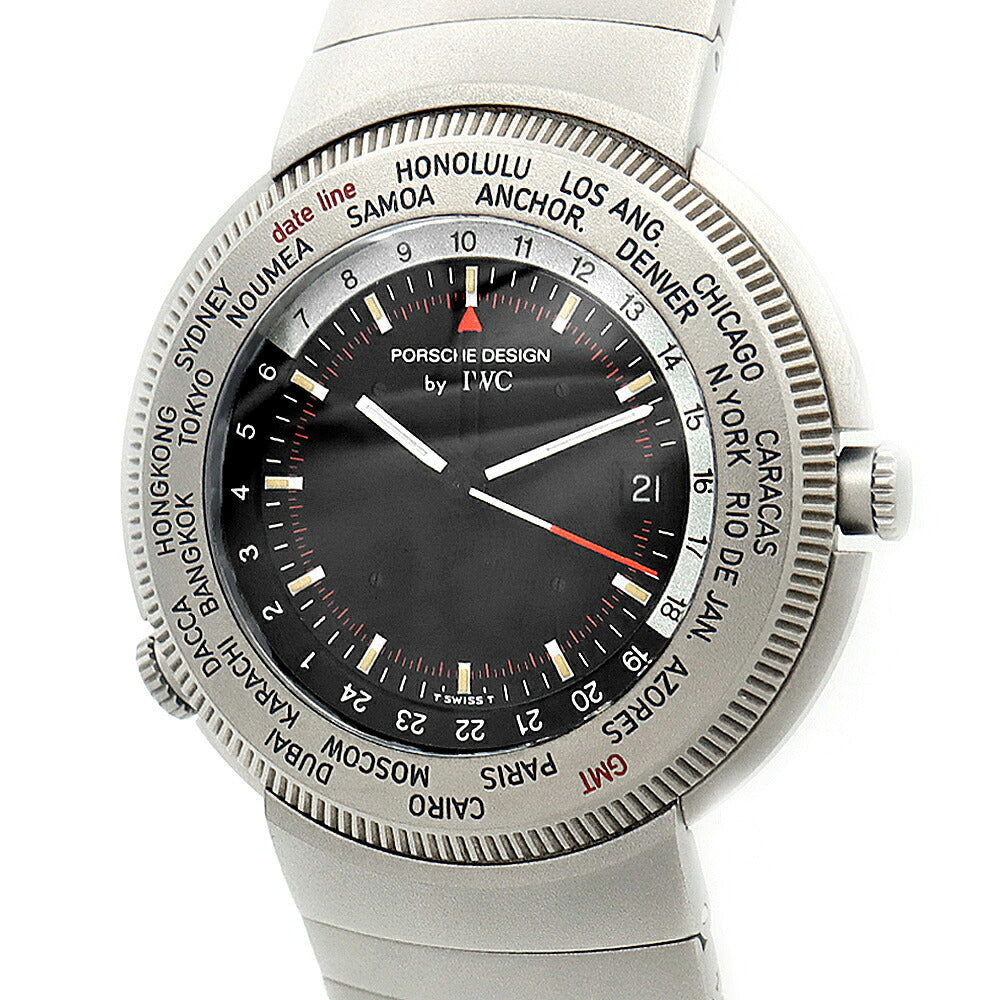 電池交換済 PORSCHE DESIGN By IWC ポルシェ デザイン トラベラーズウォッチ ワールドタイム IW382101 デイト ワールドタイム 黒 ブラック Ti チタン メンズ クォーツ【6ヶ月保証】【腕時計】【中古】