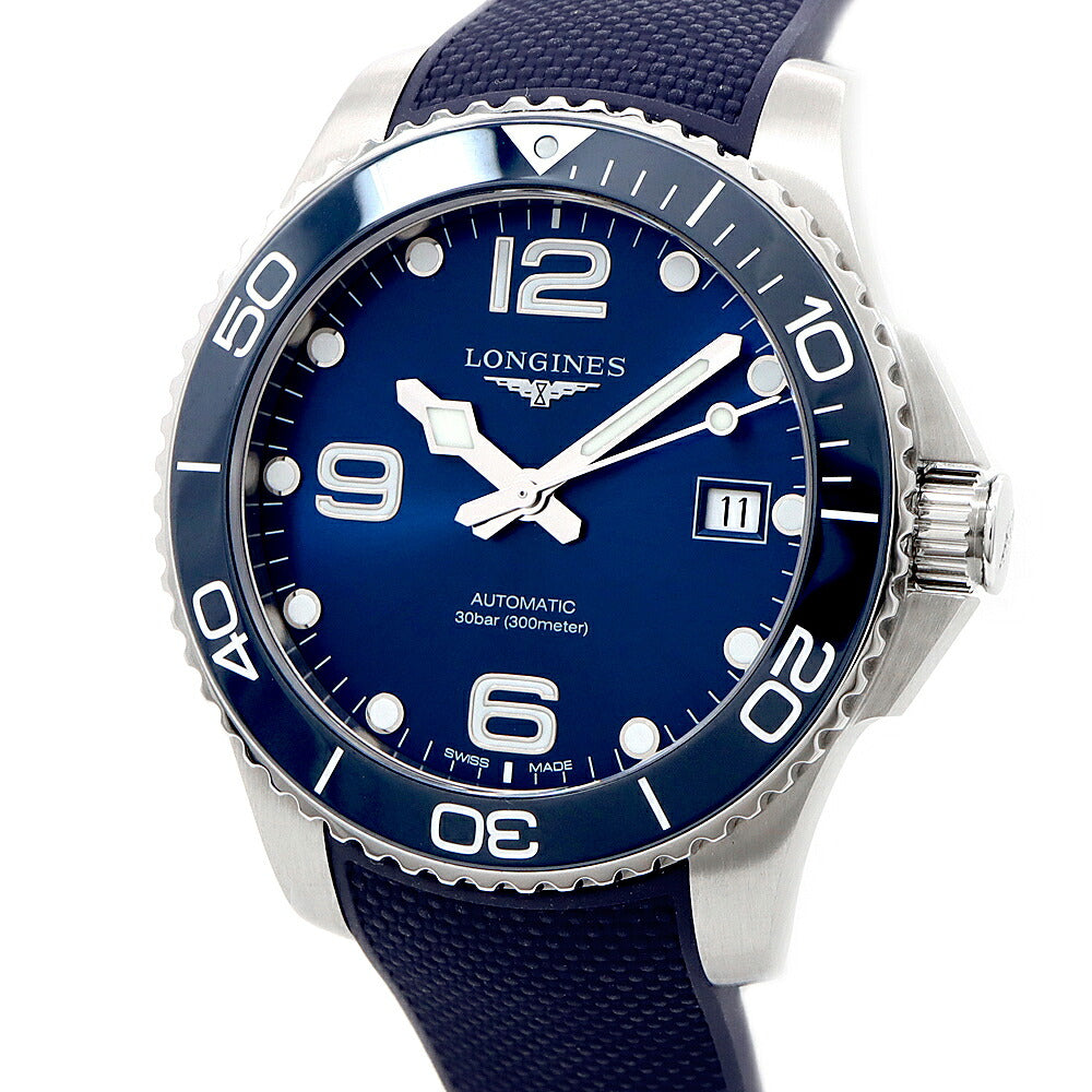 LONGINES ロンジン ハイドロコンクエスト L3.780.4 L3.780.4.96.9 デイト 300m防水 青 ブルー SS ステンレス CE セラミック 純正ベルト 純正尾錠 メンズ 自動巻き【6ヶ月保証】【腕時計】【中古】