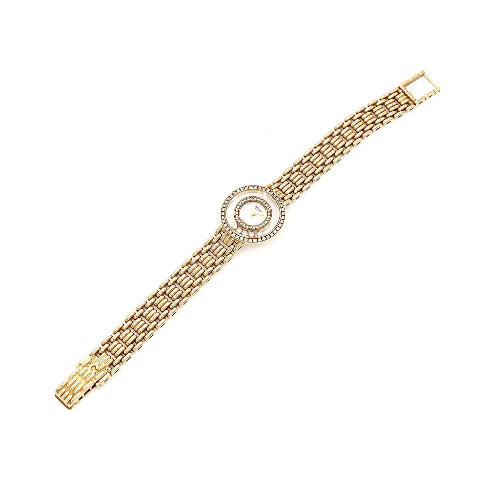 電池交換済 Chopard ショパール ハッピーダイヤモンド 20/6392 4119/1 ダイヤベゼル ダイヤモンド 5Pムービングダイヤ 白 ホワイト K18YG イエローゴールド 金無垢 レディース クォーツ【6ヶ月保証】【腕時計】【中古】