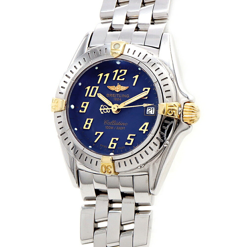 電池交換済 BREITLING ブライトリング カリスティーノ ビコロ B52345 デイト 100m防水 青 ブルー YG イエローゴールド SS ステンレス コンビ レディース クォーツ【6ヶ月保証】【腕時計】【中古】