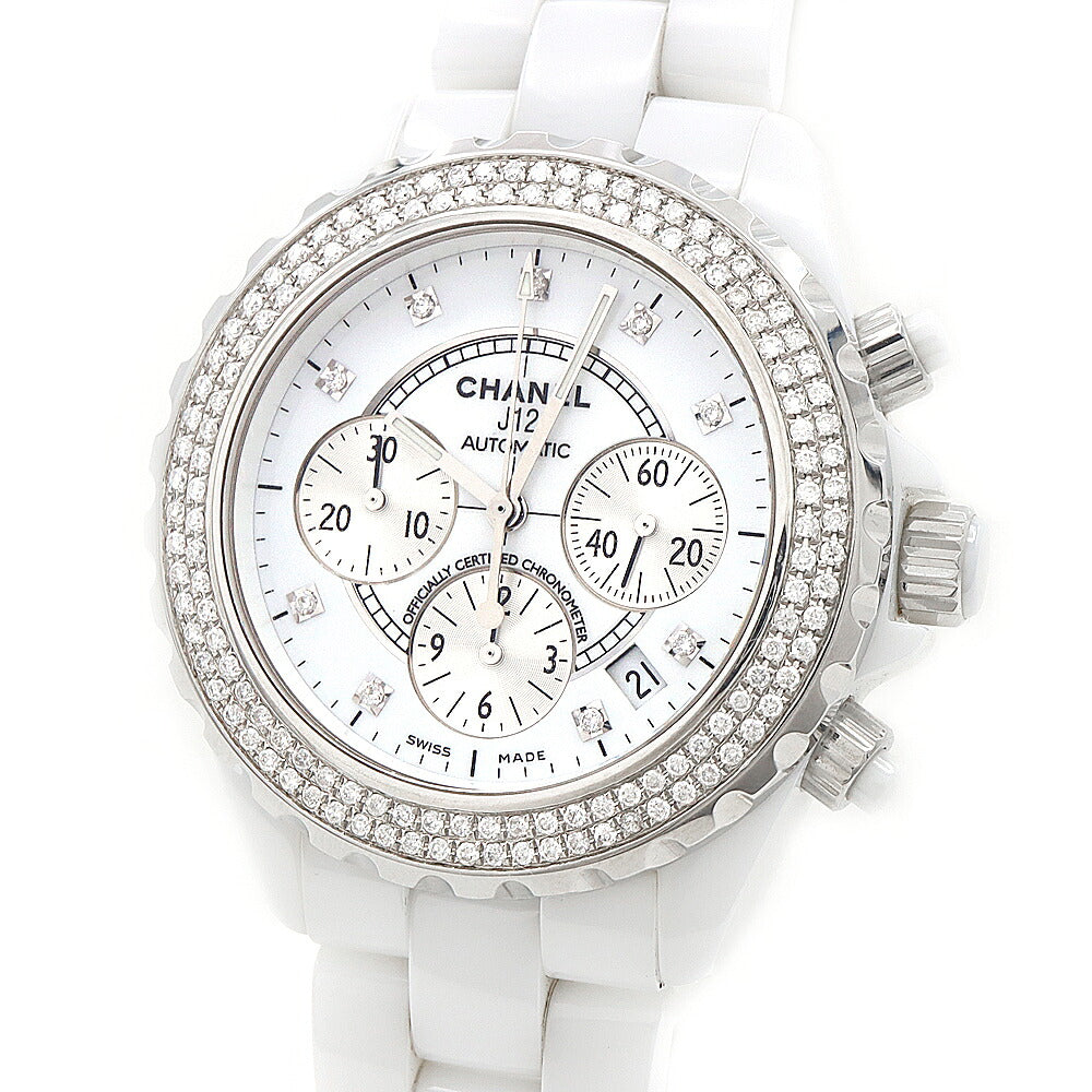 CHANEL シャネル J12 41mm クロノグラフ 2重ダイヤベゼル H2009 ダイヤモンド 9Pダイヤ 200m防水 デイト 白 ホワイト CE セラミック SS ステンレス アフターダイヤ メンズ 自動巻き【6ヶ月保証】【腕時計】【中古】